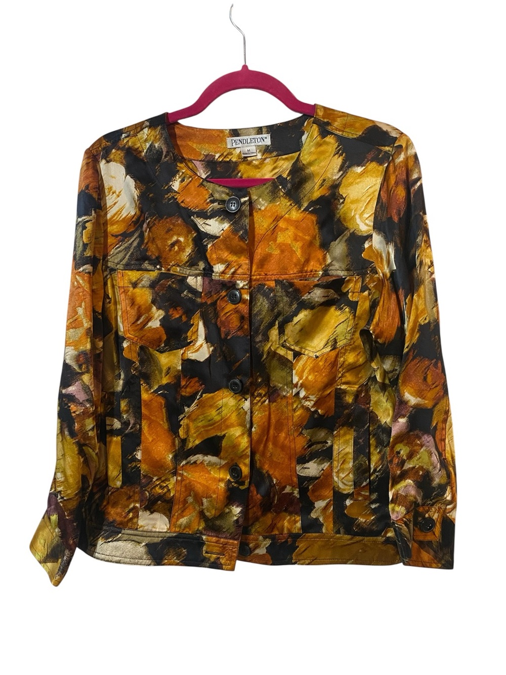 Pendleton 100% Silk Abstract Floral Jacket Blouse Top Medium Earthy Artsy Luxury